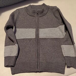 Gray Zip-Up Sweater with White Stripes